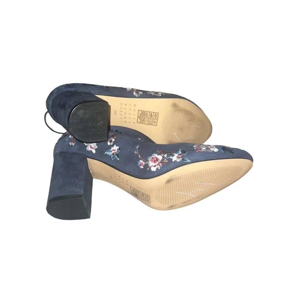 ✨HP✨White House Navy Market Floral Embroidered Suede Chunky Ankle Sz 8 Heels✨ - Image 7