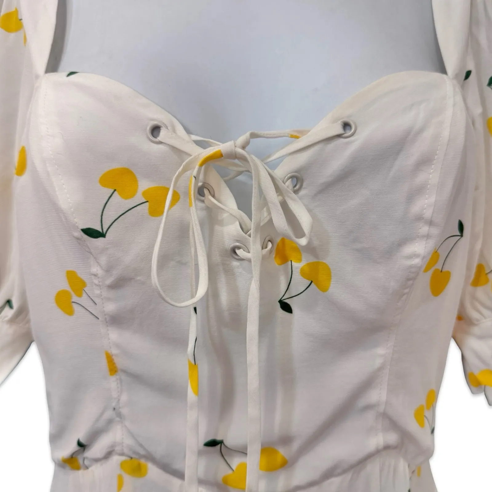 For Love & Lemons White Yellow Cherry Ashland Lace Up Mini Dress size XS NEW Tag - Image 7