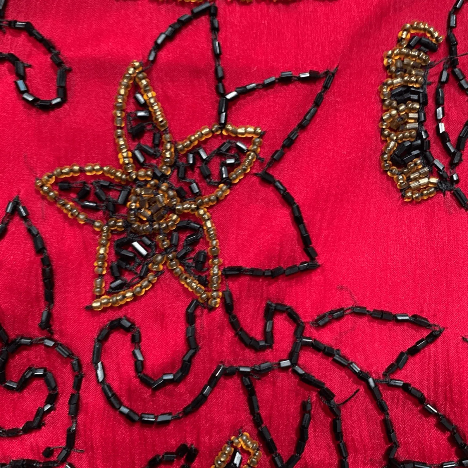 Vintage Papell Boutique Blouse Red Black Silk Embellished Metallic Floral Design - Image 7