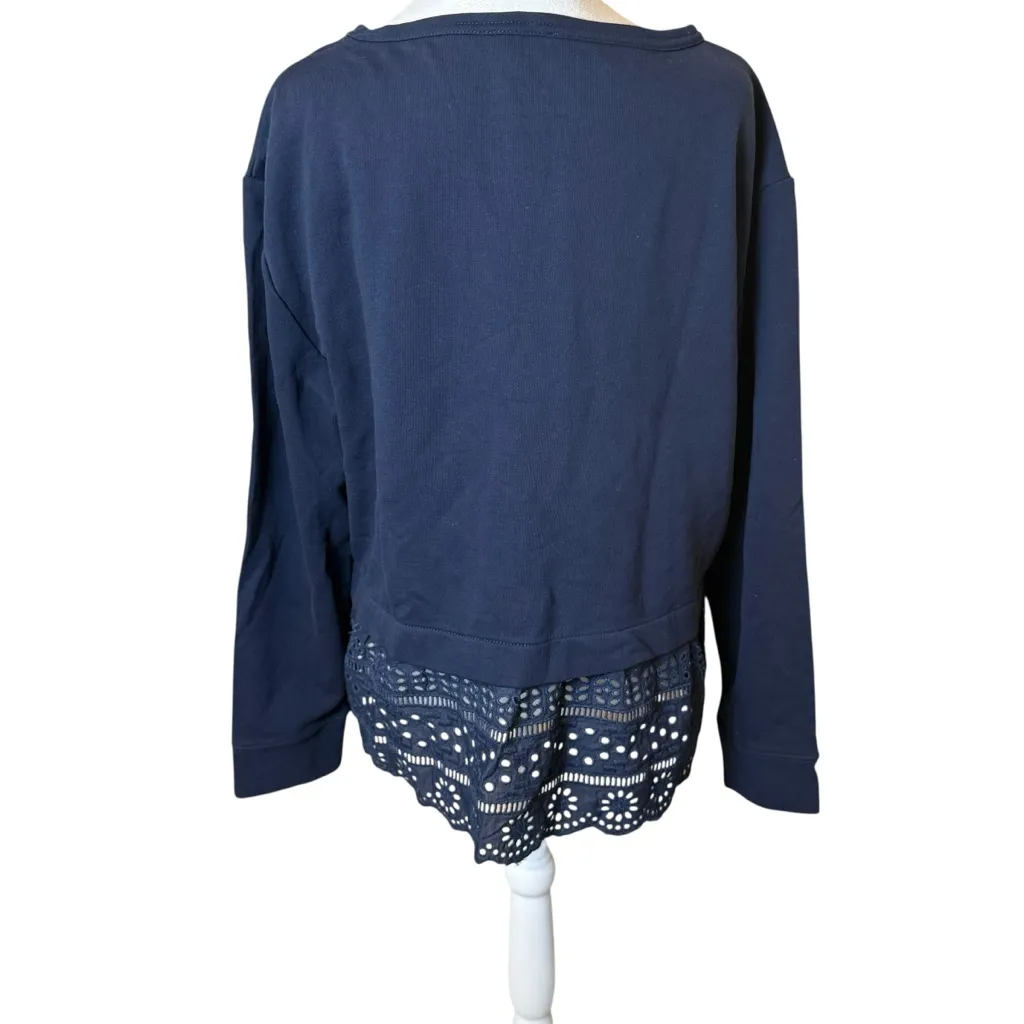 J.Crew Women's  Navy Blue Eyelet Hem Sweatshirt Large Pullover Preppy Casual - Image 6