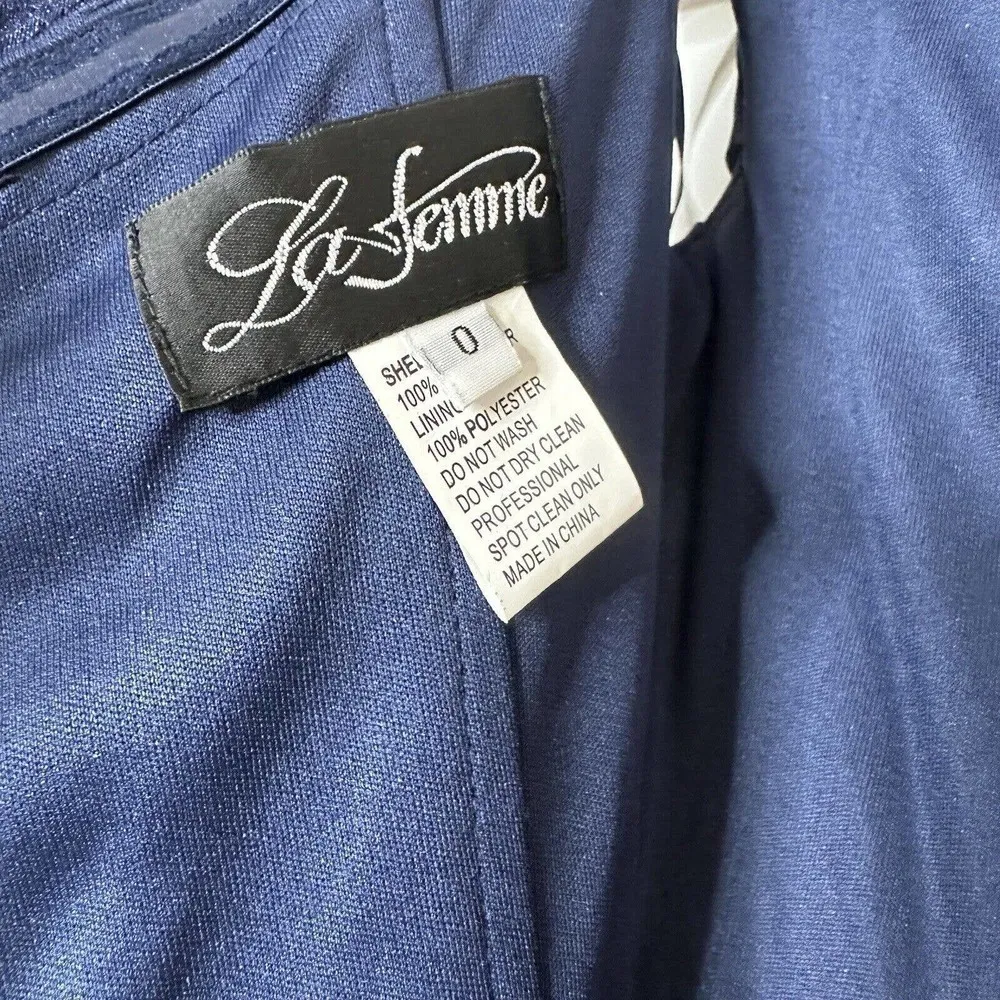 NWT La Femme Pleated Off the Shoulder Trumpet Gown Navy Blue Women's Size 0 - Image 5