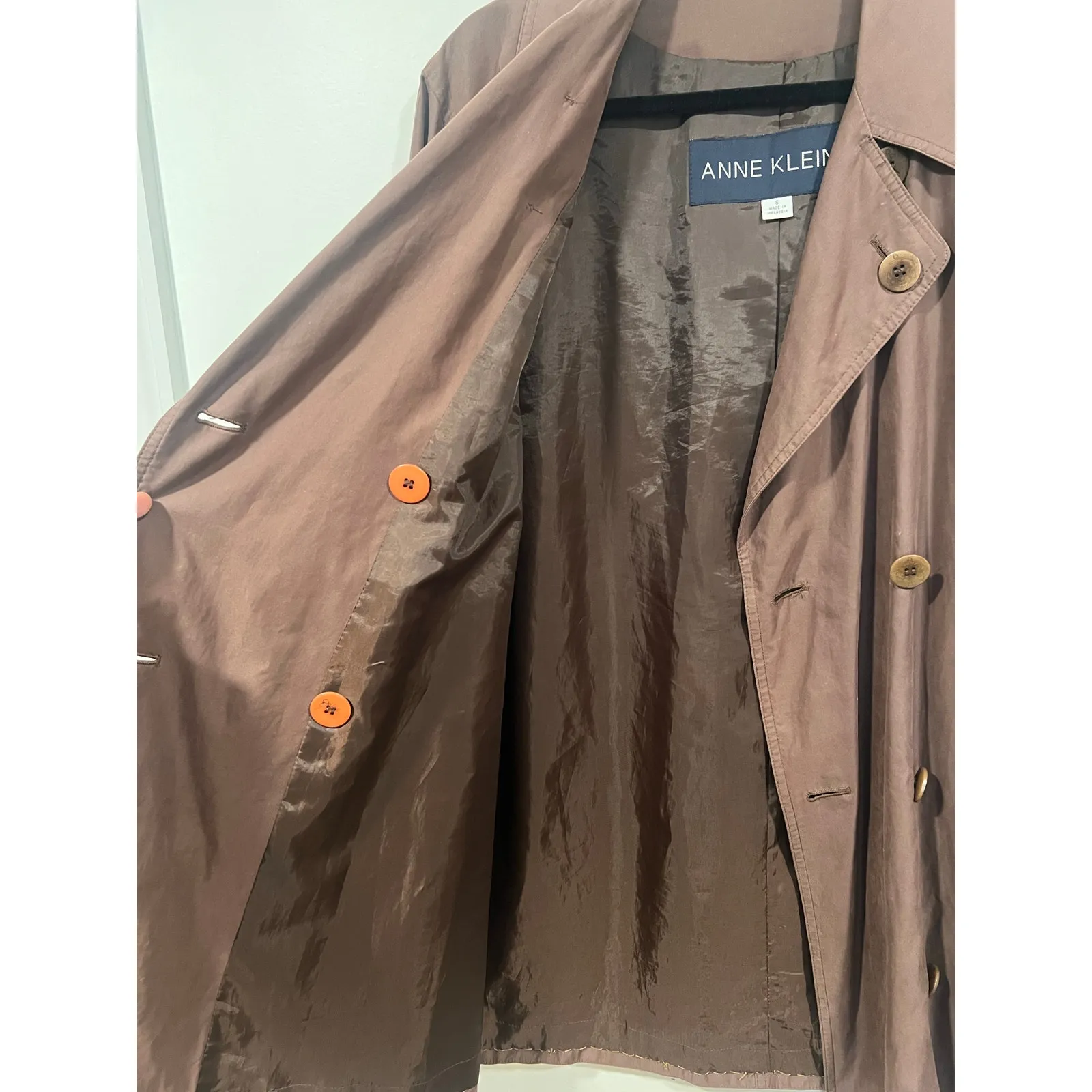 Vintage Anne Klein Women’s Minimalist Oversized Trench Peacoat S Brown - Image 8