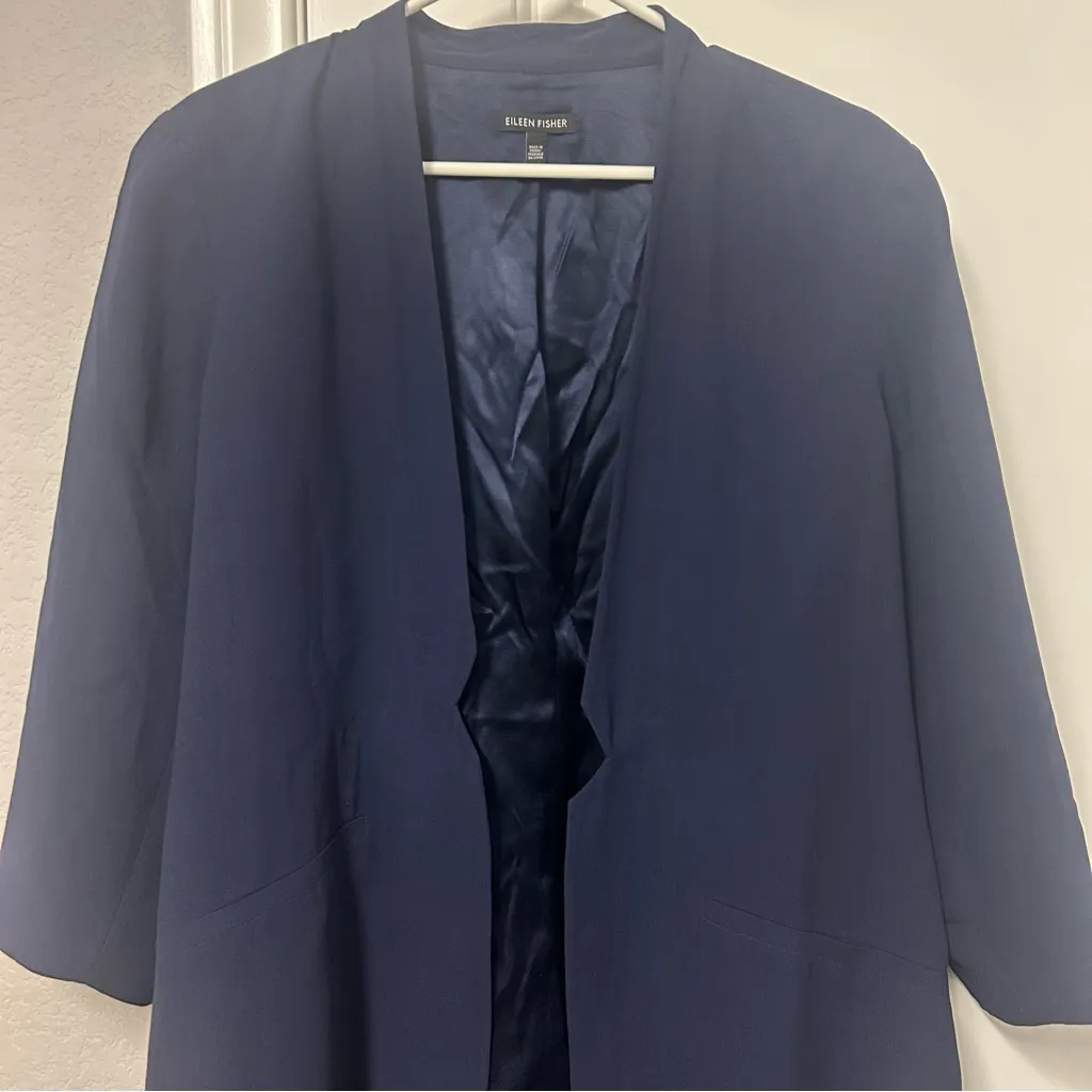Eileen Fisher 100% Silk Georgette Crepe Long Blazer Navy XL - Image 3