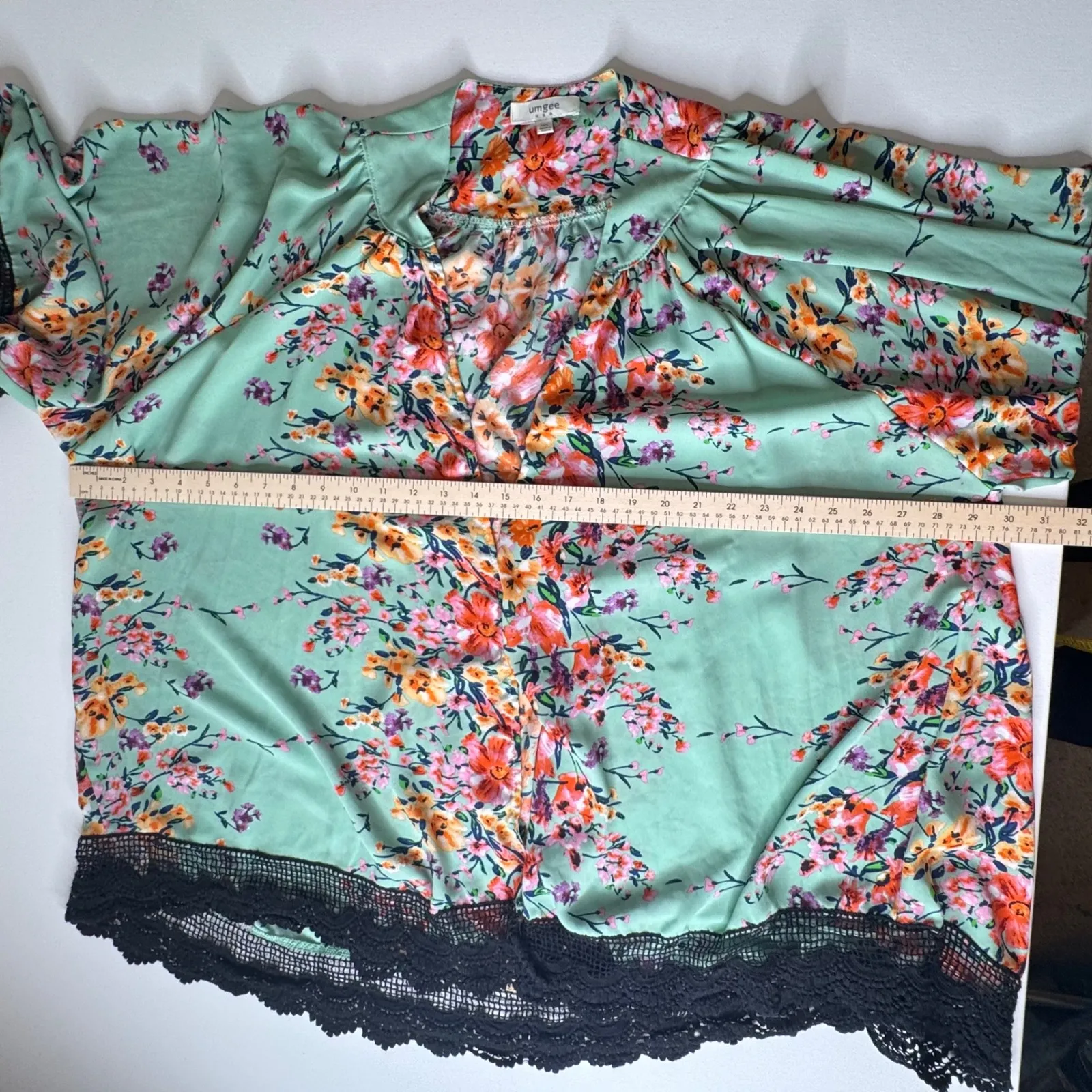 Umgee Floral Kimono‎ Cardigan Sz M/L Green Multicolor Lace Trim Boho Lightweight Size L - Image 10