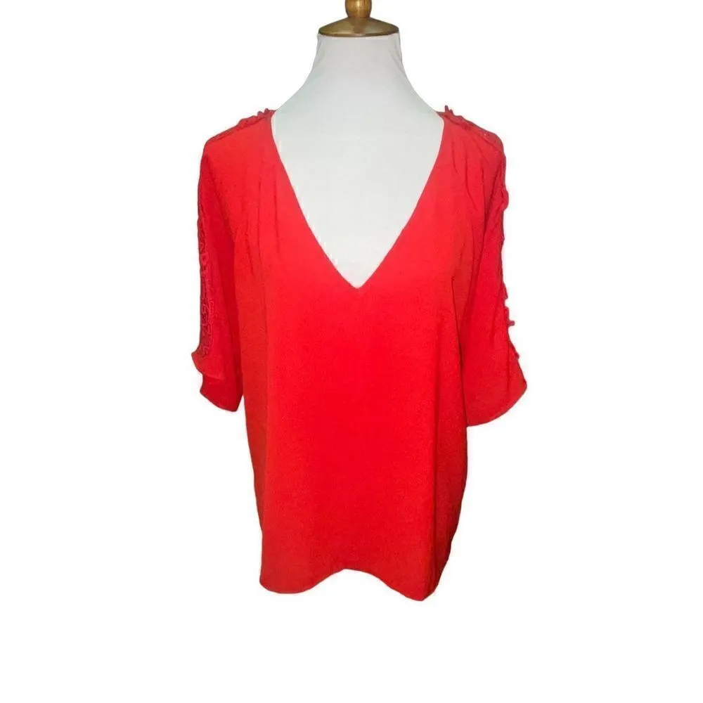 Alya Red Blouse With V-Neck and 3/4in Bell Sleeve with Filagree Lace Pattern Dow - Image 2