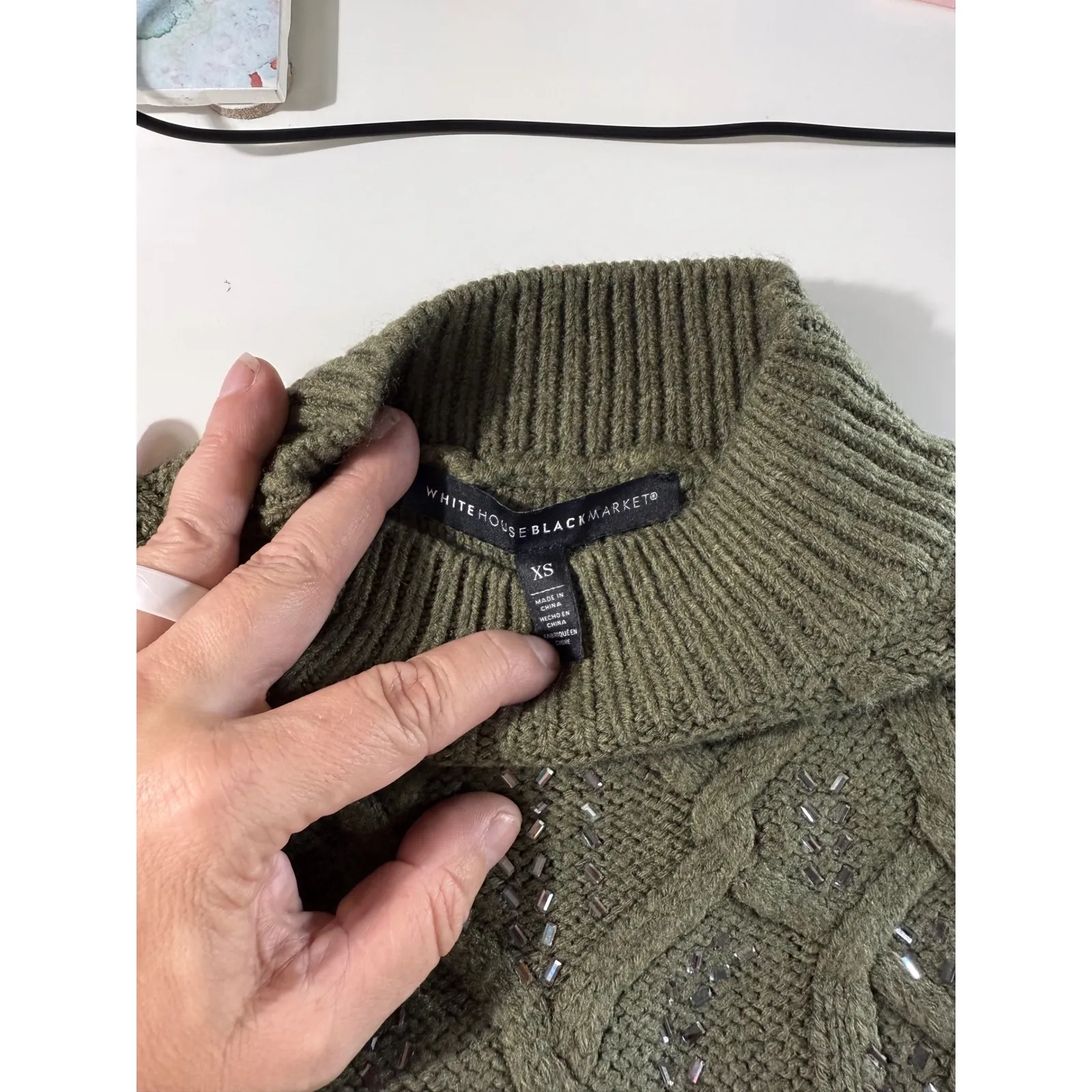 WHITE HOUSE BLACK MARKET Olive Green Cable Knit Mock Neck Sweater Rhinestones XS - Image 4