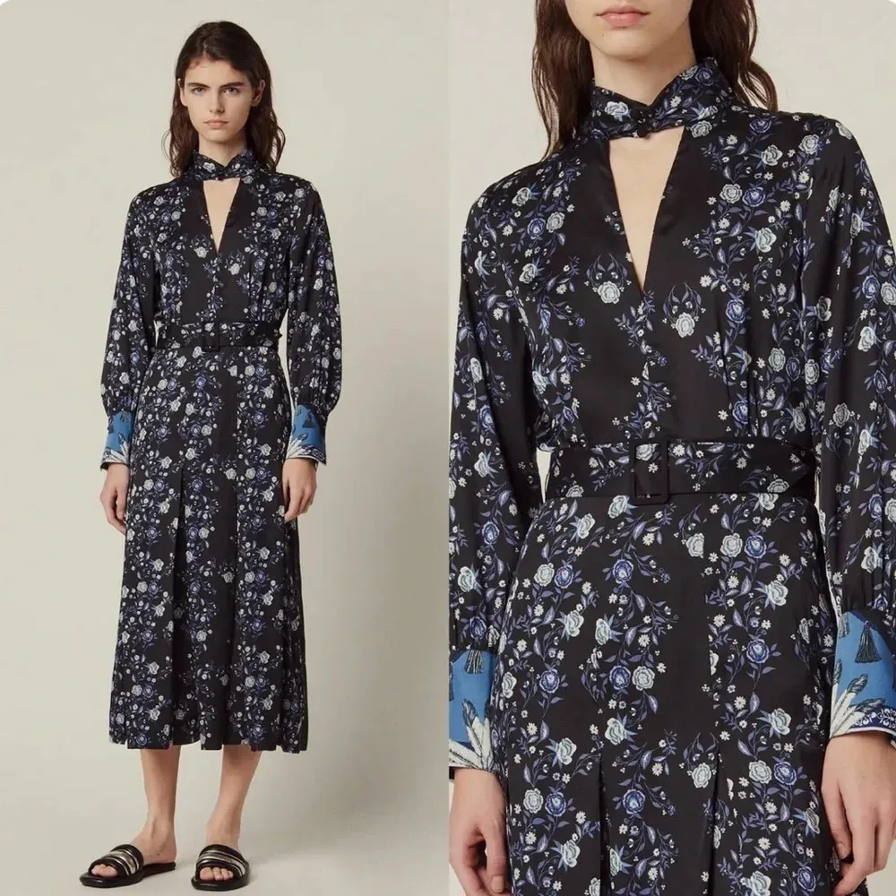 SANDRO BONNY CUT OUT BLUE FLORAL SATIN MIDI DRESS - Image 2