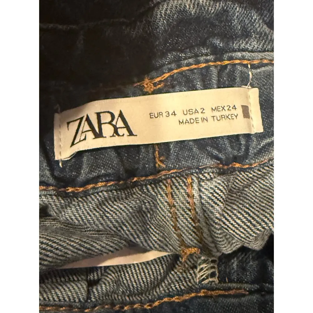 Zara High Waisted Paperbag Pleated Loose Fit Belt Loops Jean Shorts 2 Dark Blue - Image 8