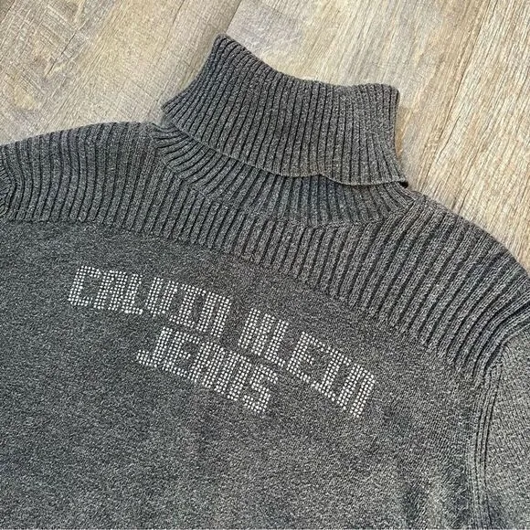 Vintage 2000s Calvin Klein Jeans Rhinestone Gray Turtleneck Sweater Womens‎ L/XL - Image 3