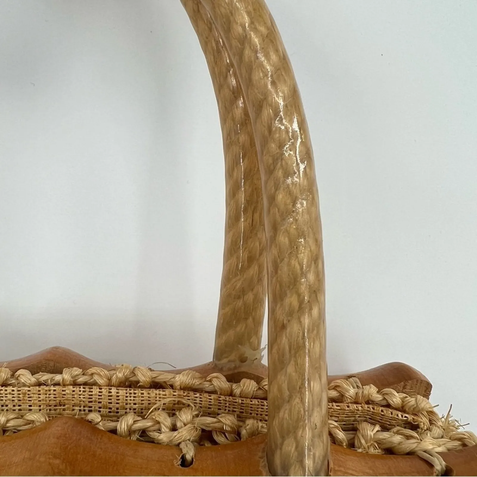 Jute handbag brown geometric open weave round handle carved wood Italy boho - Image 8