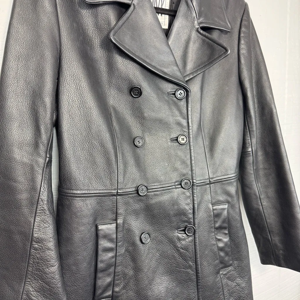 Jones New York Black Pebbled Leather Jacket Coat Double Breasted Size M - Image 2