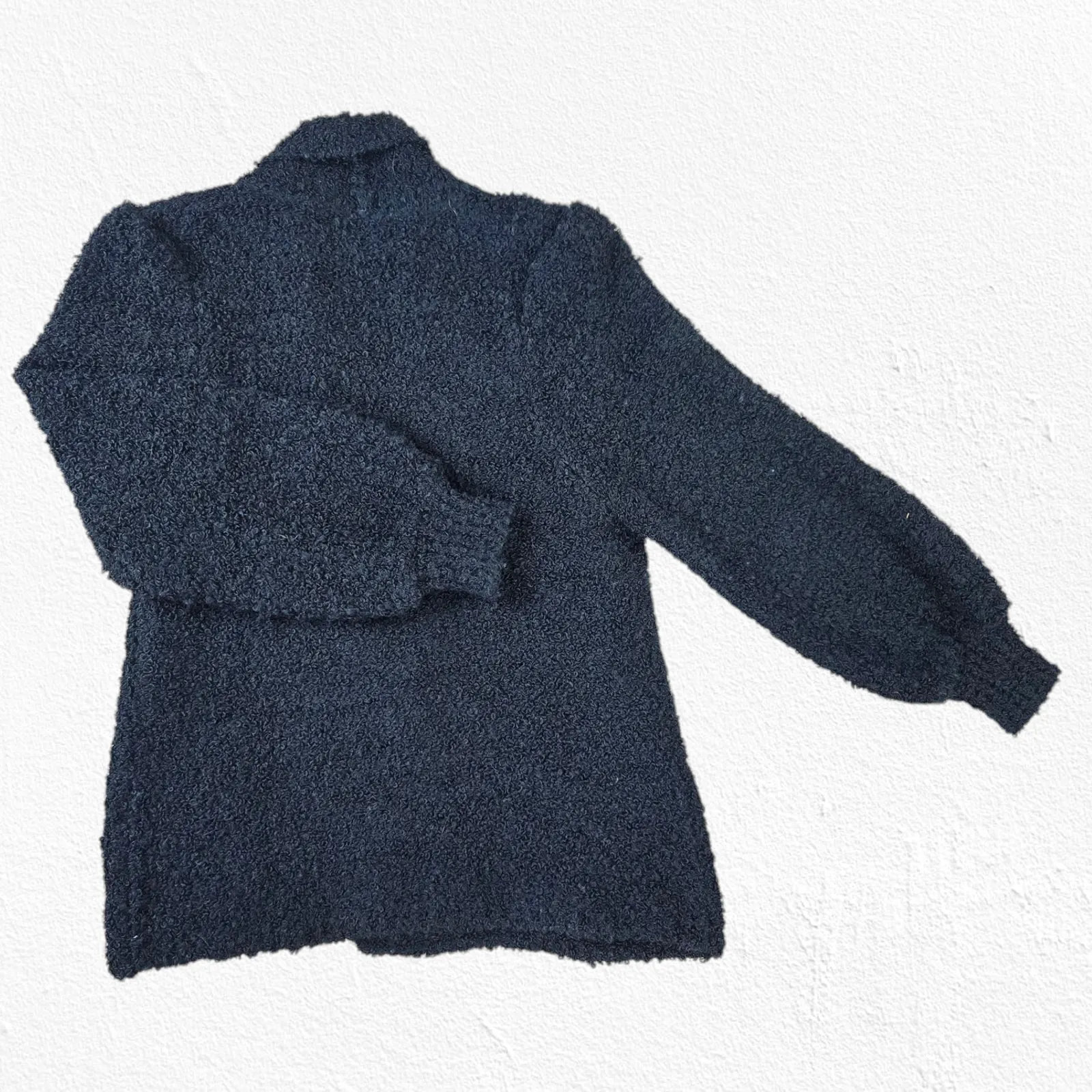 1980s Black Boucle Knit Shawl Cardigan Minimalist Wool Blend Jacket Size Small - Image 7