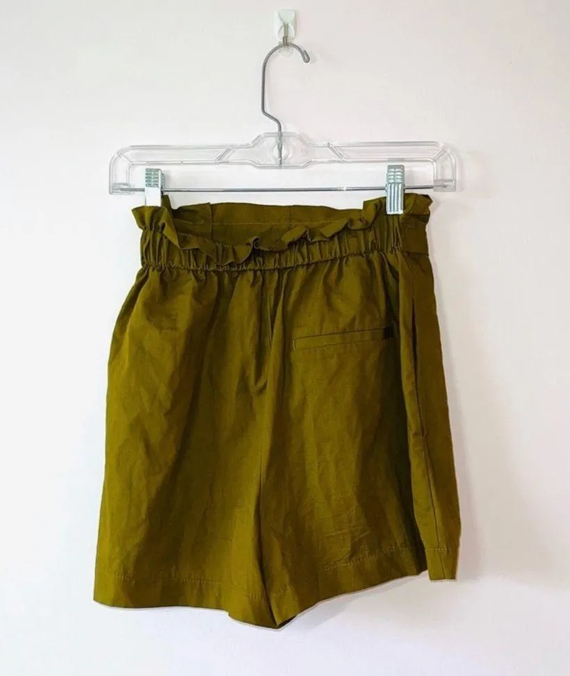Basic Olive Green High Rise Belted Paperbag Fabric Shorts - Image 2