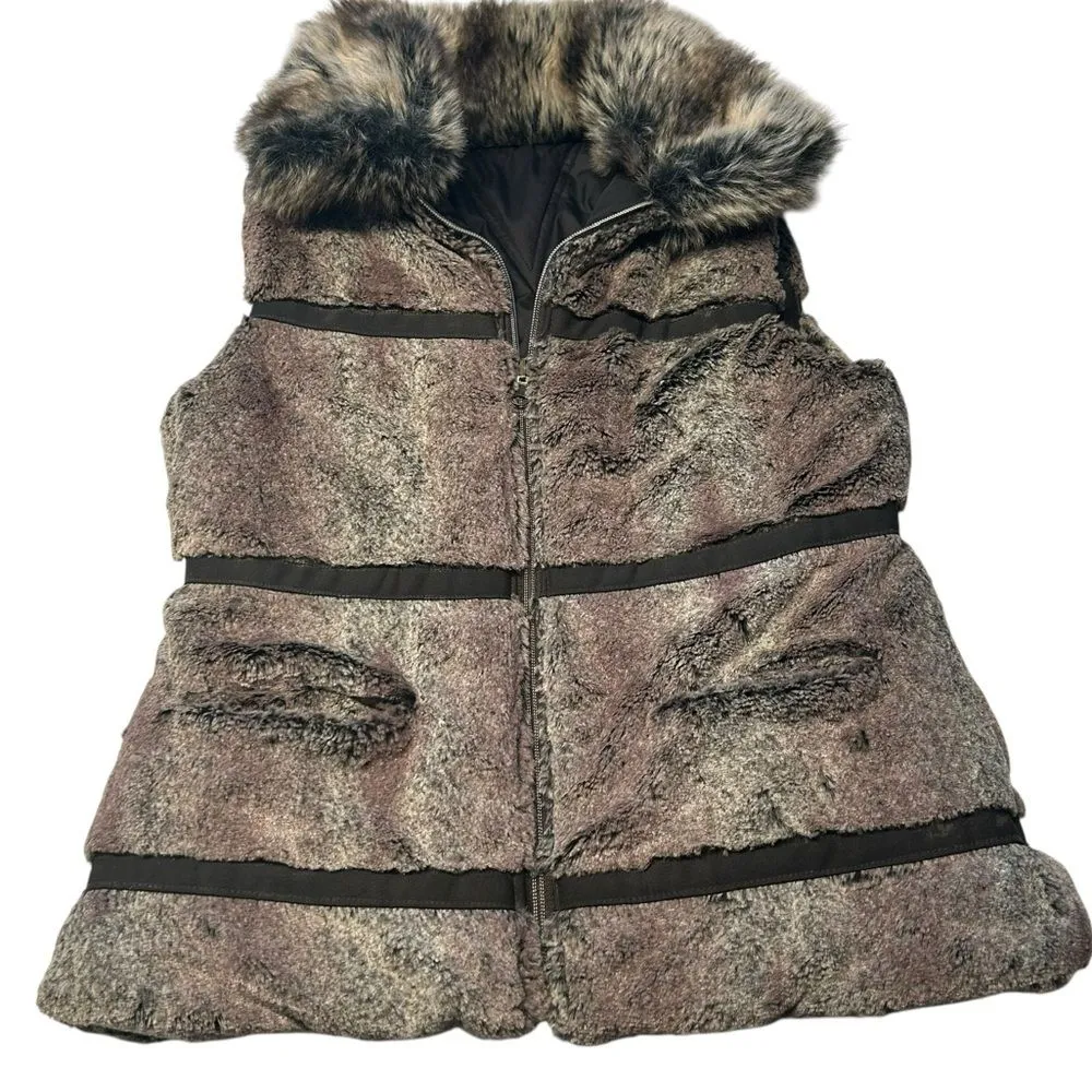 Dress Barn Women’s M Faux Fur Reversible Puffer Vest Brown Black Trendy Mob Wife - Image 8