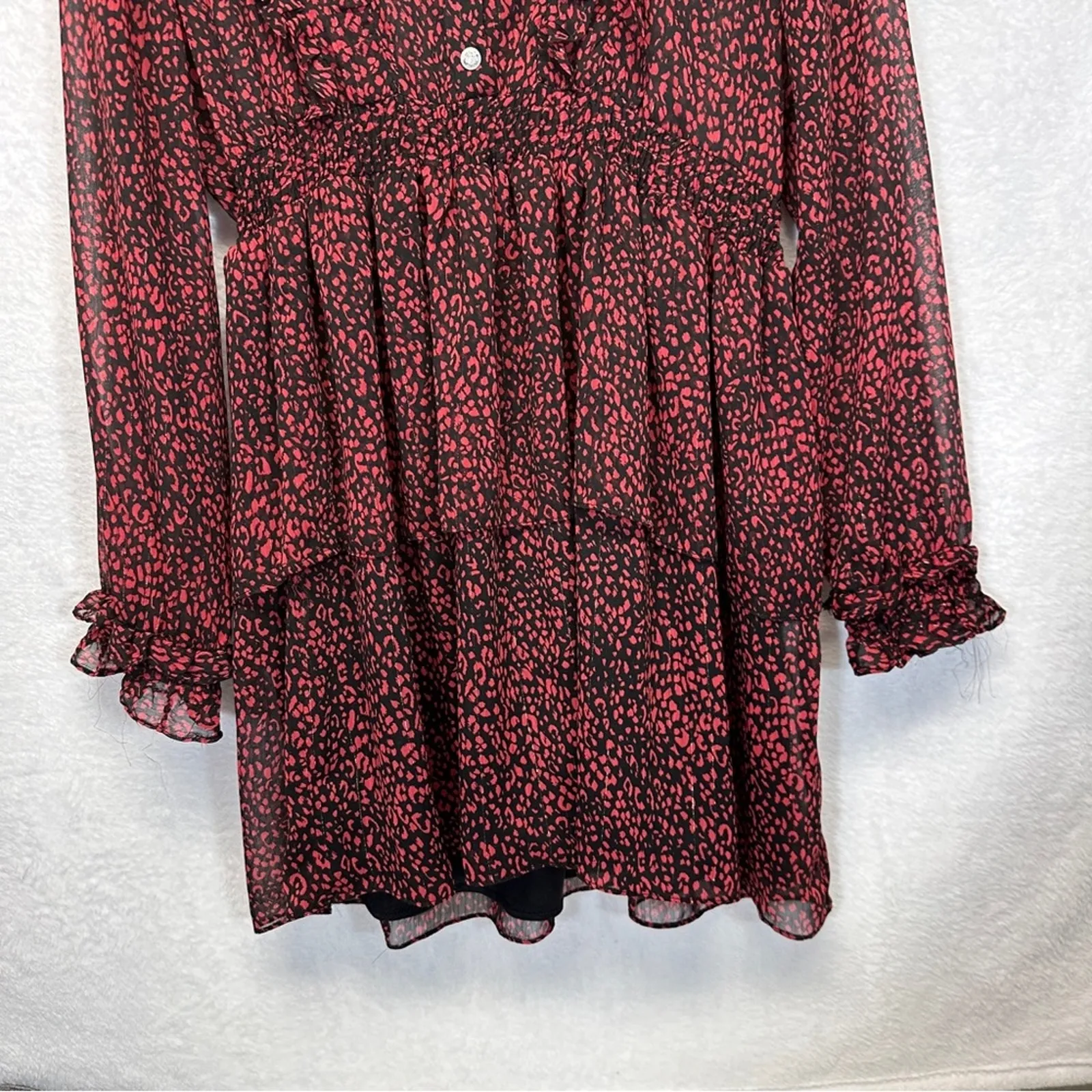 Zara Red & Black Cheetah‎ Print Long Sleeve Ruffled Mini Dress Size L - Image 3