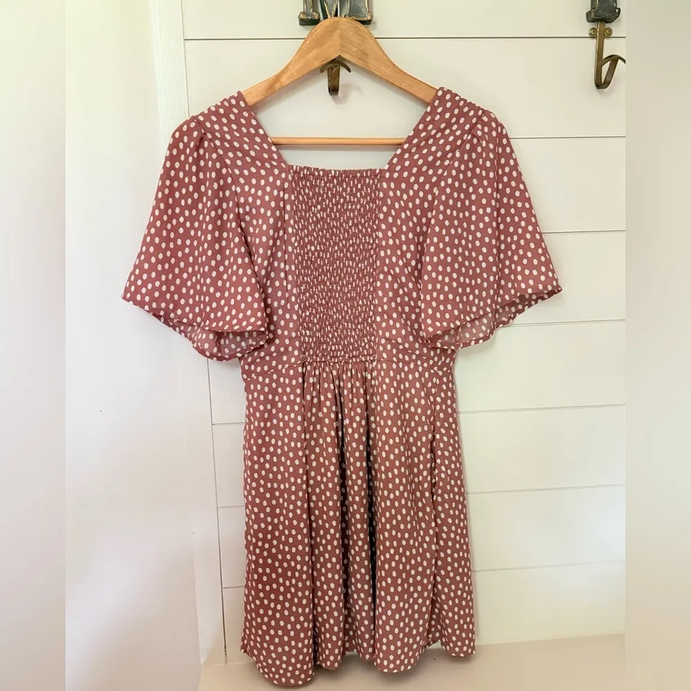Abercrombie & Fitch Short Sleeve Smocked Pink White Polka Dot Mini Dress xSmall - Image 11