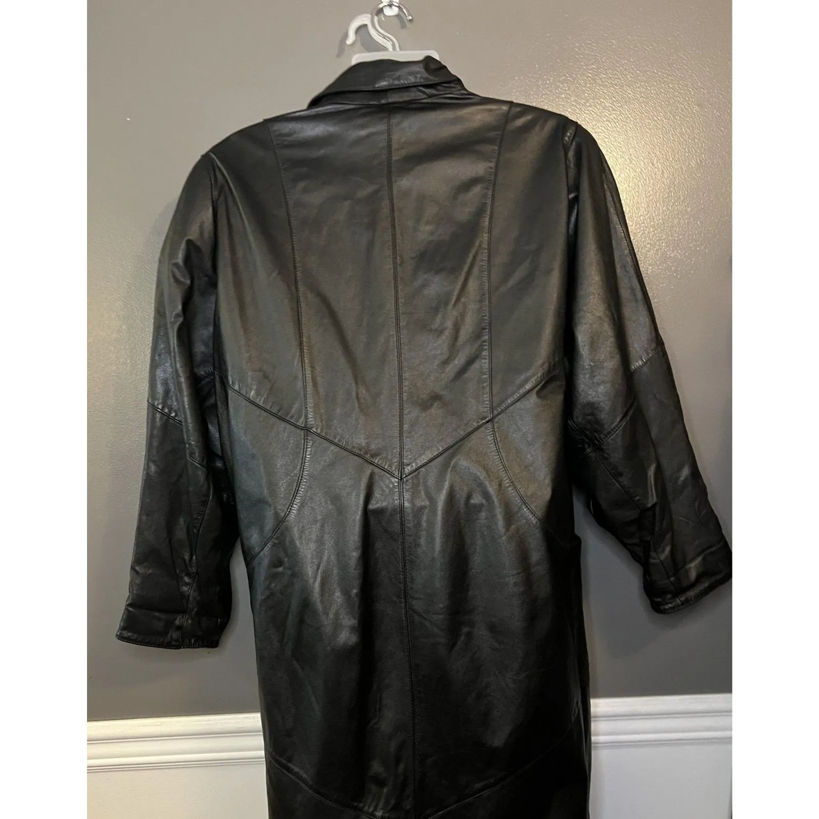 Vintage AVANTI Leather Coat Womens Medium Black Long Duster 3/4 Sleeve Lined 80s - Image 9