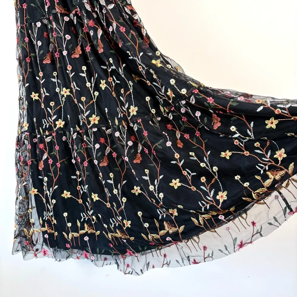 Simplee Black Floral Embroidered Smocked High Neck Tulle Mesh Maxi Dress Medium - Image 8