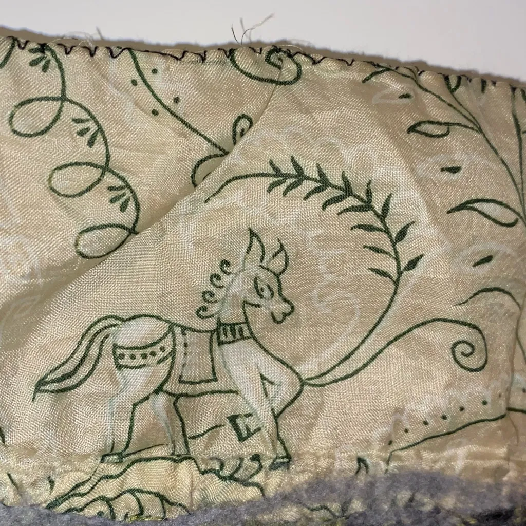 Handmade Bohemian Paisley Gray Gold Green Wool Silk ruffled flounce Scarf Nepal - Image 2