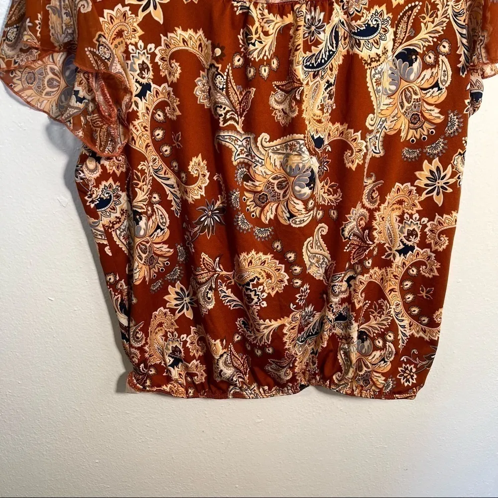 PerSeption Concept Blouse Tan Blue Paisley Size M - Image 9