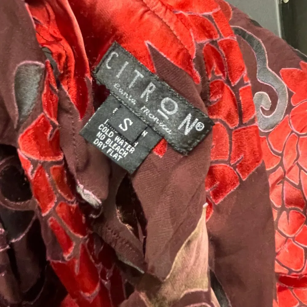 Citron Womens Size Small Silk Blend Sheer Floral Blouse Button Santa Monica Red - Image 4