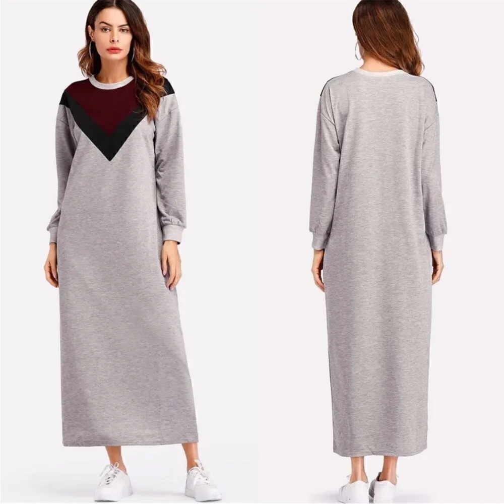 SHEIN Colorblock Sweatshirt Maxi Dress Long Sleeves Grey L - Image 2