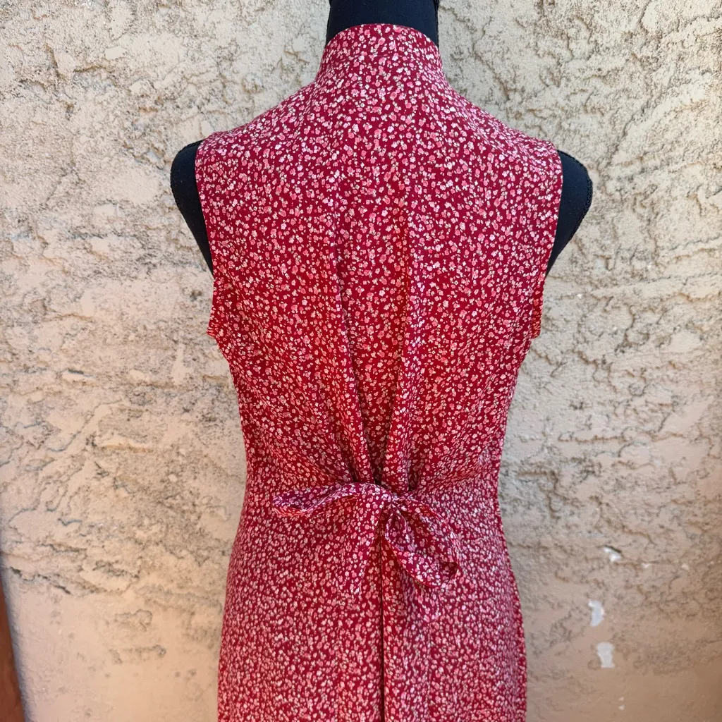 Vintage 90’s Cottagecore Mandarin Collar Red Floral Sleeveless Dress Size 12 - Image 4