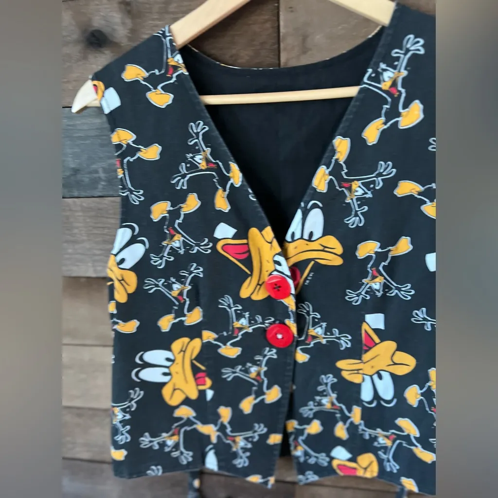 Vintage Daffy Duck Looney Tunes Button Vest Cartoon Print Black Red Graphic - Image 6