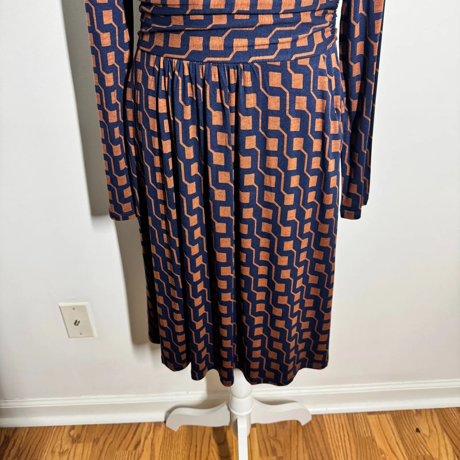 Boden Abigail Brown Blue Geometric Stretch Jersey Midi Dress Women 8R Pocket Mod Size 8 - Image 7