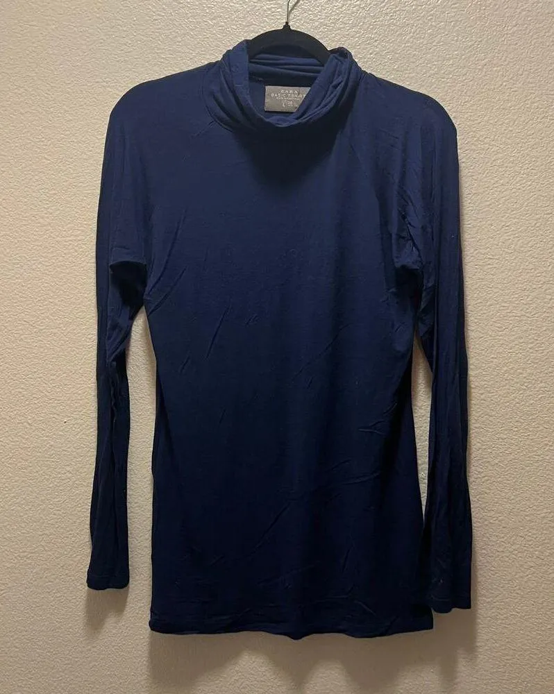 Zara Basic T-Shirt Navy Blue Turtleneck Long Sleeve Casual Top Thin Tee Size L - Image 2