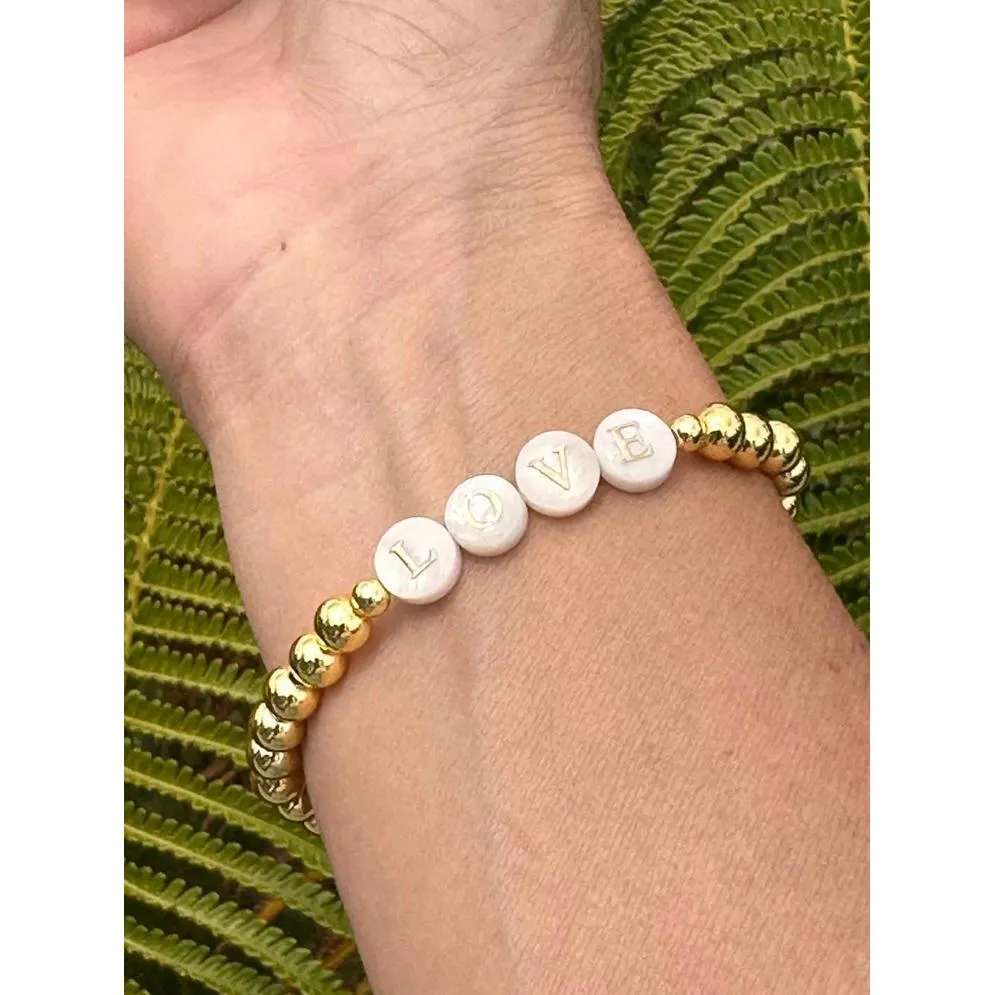 Gold Filled 4mm 6mm LOVE mother of pearl Beaded Stackable Handmade Bracelet - Image 3