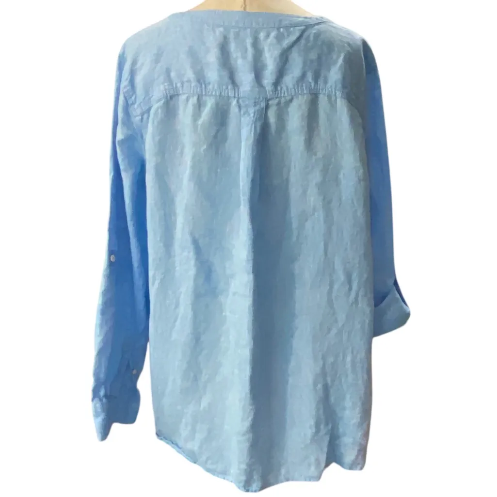 Talbots Light Blue LINEN Camp Blouse Size LARGE PETITE - Image 5