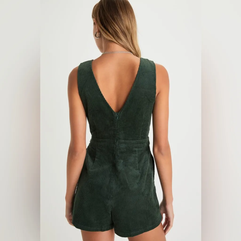 Lulus Absolutely Cute Dark Green  Corduroy Faux-Wrap Skort Romper - Image 2