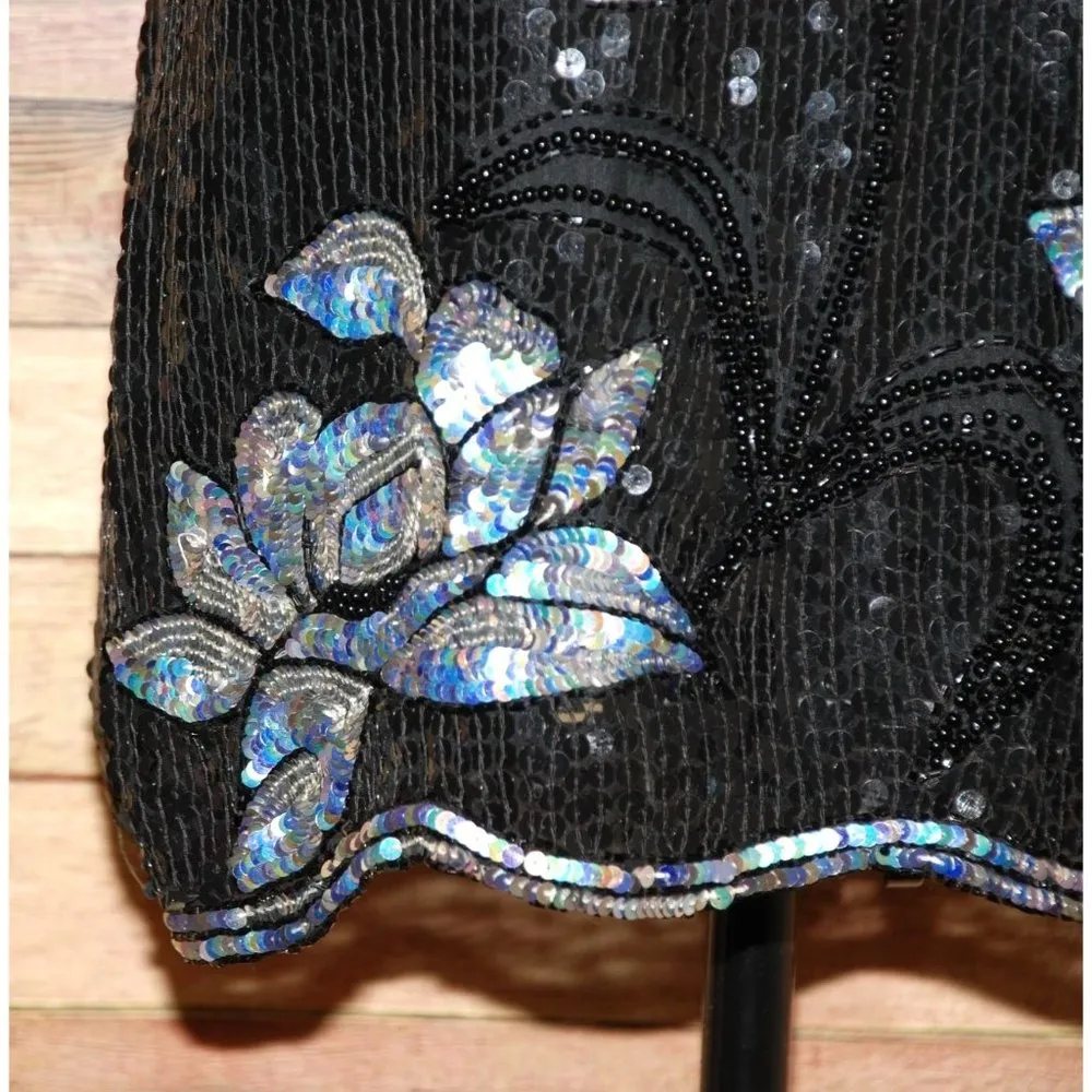 Vintage Royal Feelings Black Full Sequin Sparkle Silk Blouse Size S Short Sleeve - Image 5