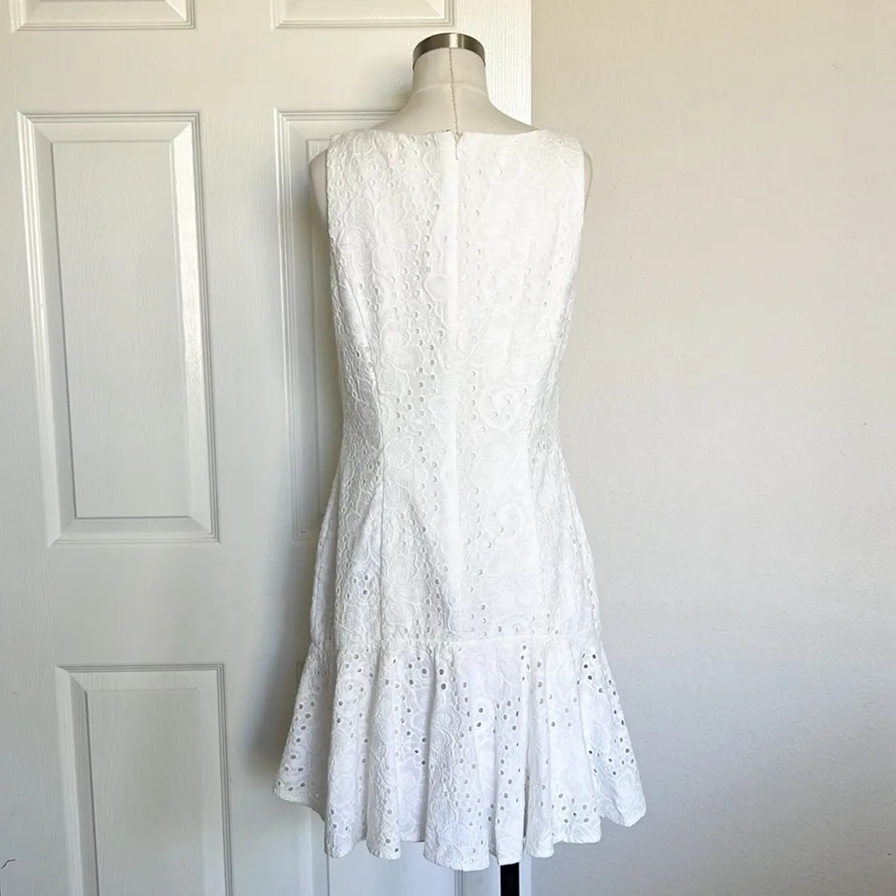 ELIZA J White Eyelet Drop Waist Ruffle Hem Sleeveless Dress - Image 4