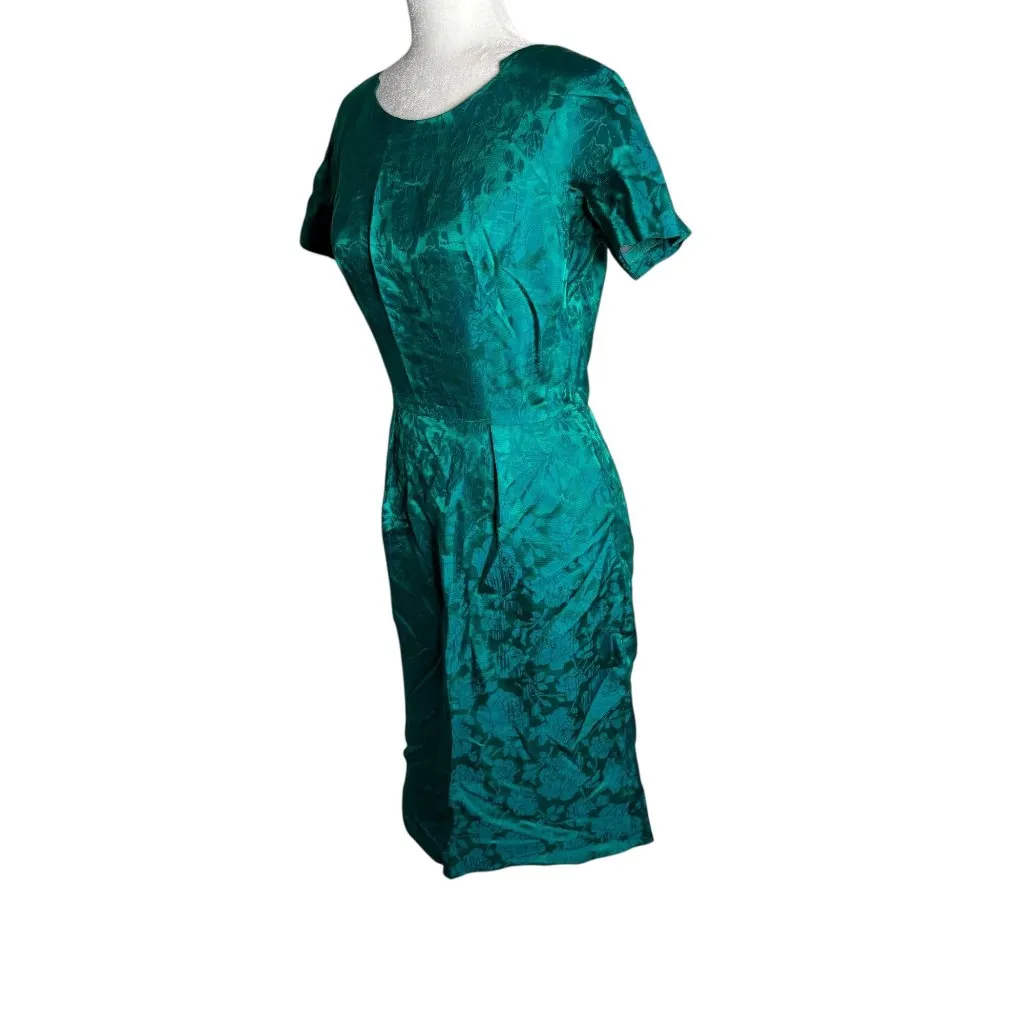 Vintage 50s Floral Brocade Dress Jacket Set Size Small Green Short Sleeve Zipper - Image 12