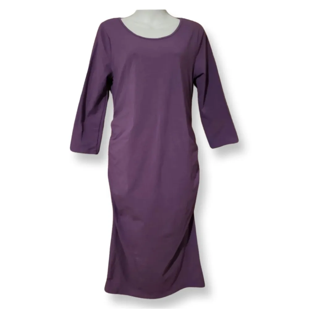 ISABEL & INGRID Sz XS Maternity Purple Dress Womens 3/4 Sleeve Ruched Midi NWT - Image 2