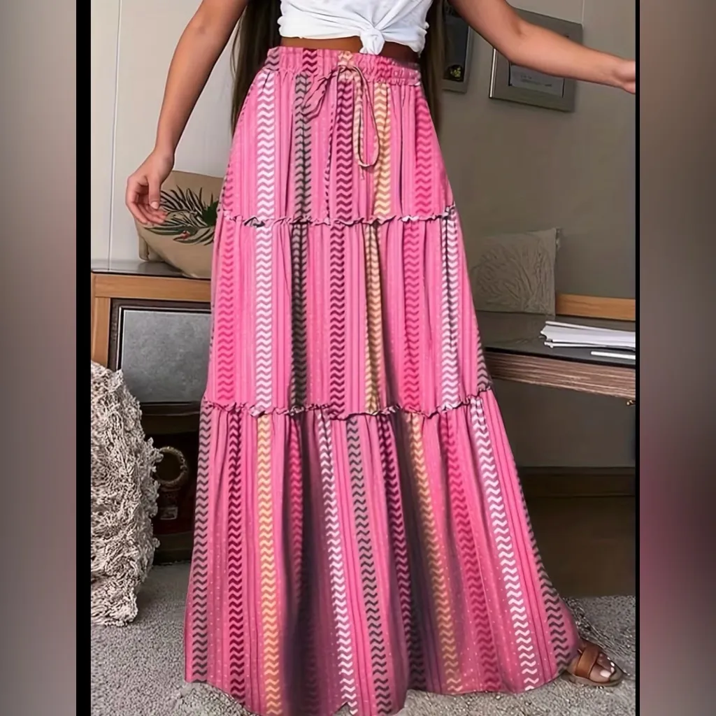 Bohemian Ikat Tiered Pink Maxi Skirt Size L NWT Stretch Waist Hippie Flowy Size L - Image 4