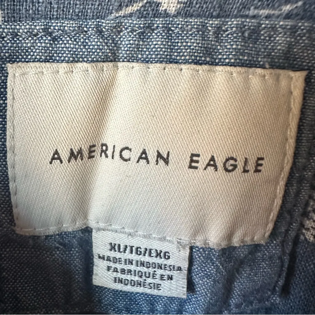 American Eagle Button Front Shirt XL Floral Stripes Patchwork Denim Linen Blend - Image 2