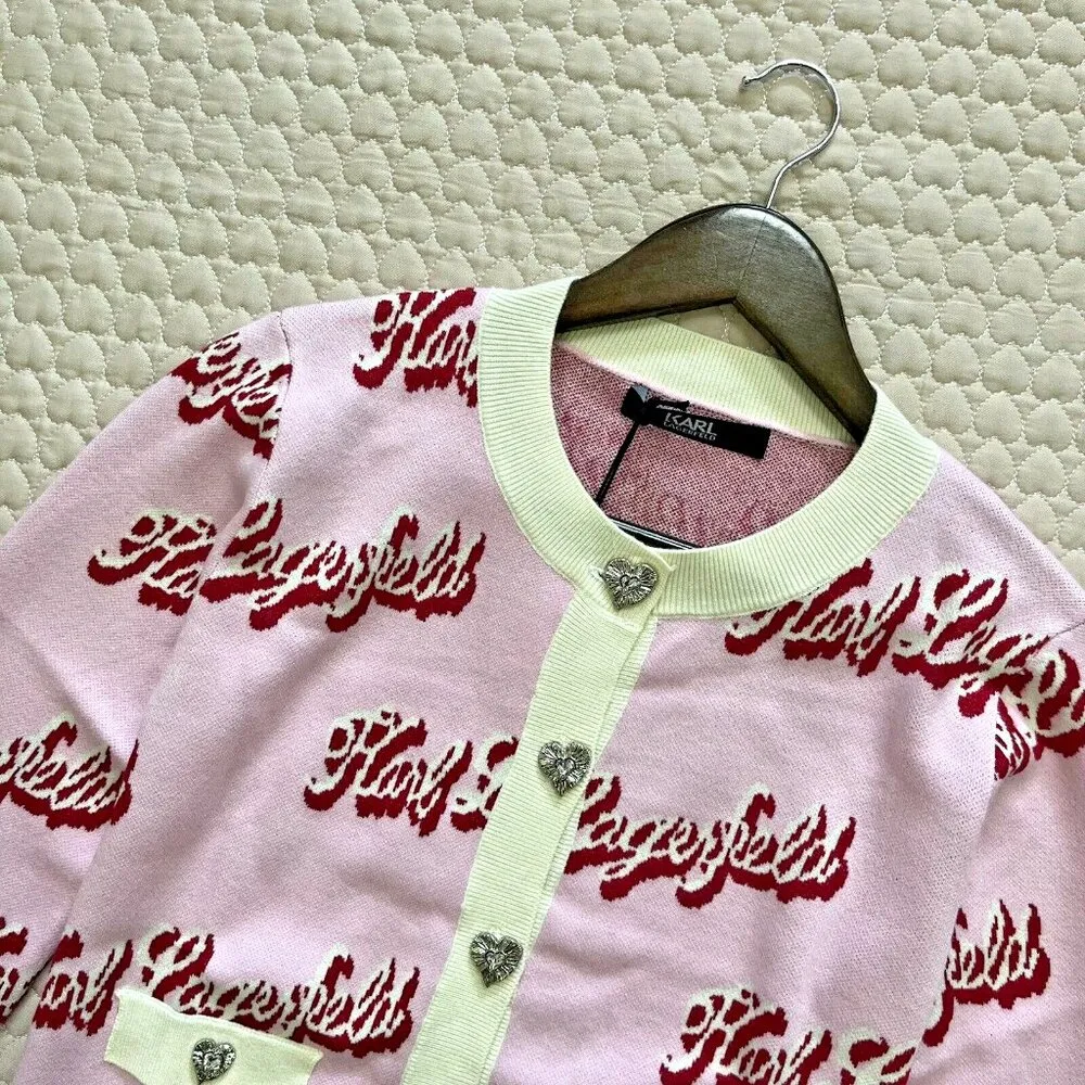$399 NWT Karl Lagerfeld Women Pink Logo Cardigan Sweater Jacket Rhinestone Heart - Image 5