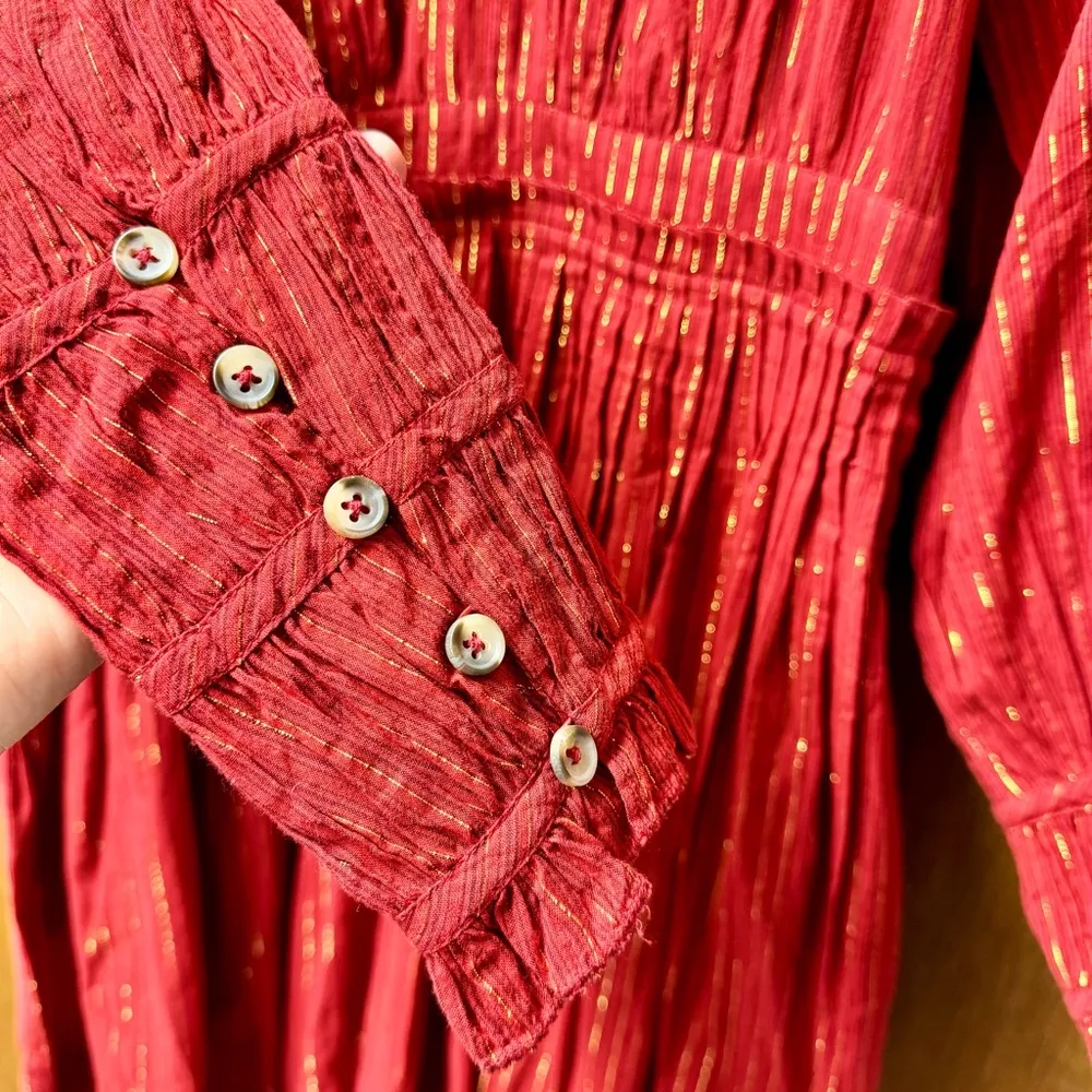 NEW Ulla Johnson Rory Metallic Cotton Long Sleeve Mini Dress Ruby Red 4 NWT - Image 7