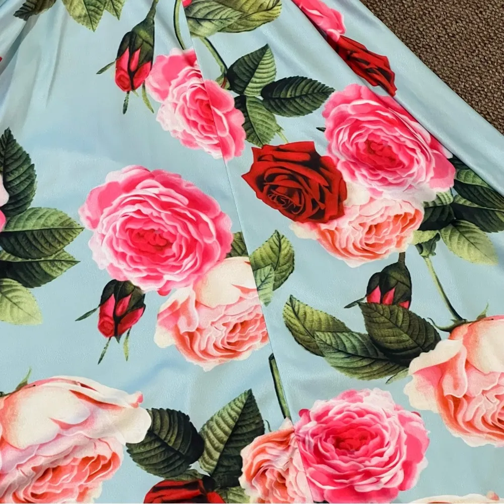 FLORAL DRESS small belted zip back blue circle skirt stretchy pockets. - Image 7