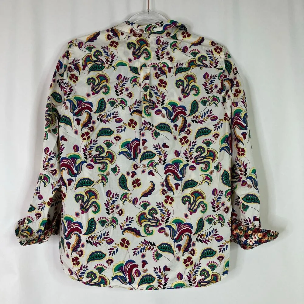 Talbots Petite | Cream Paisley Floral Button Up Blouse 100% Cotton Womens LP - Image 6