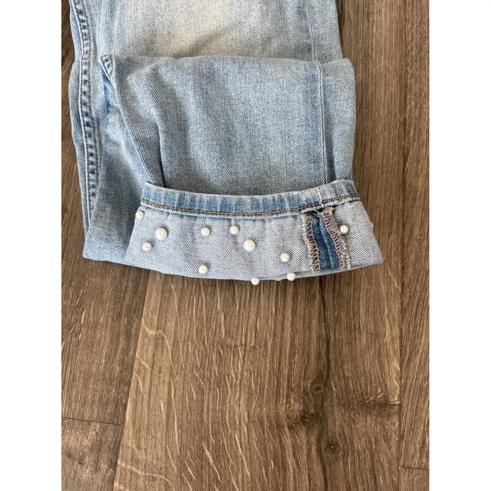 ZARA DENIM Pearl Embellished Pearl Cuffed Light Wash Boyfriend MaMa Jeans Women - Image 2