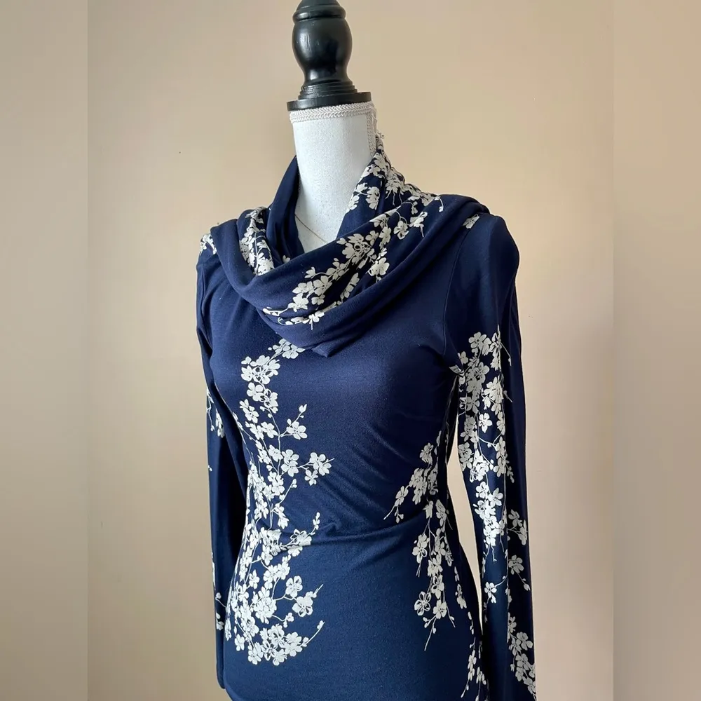 IZAAK | Navy Blue Floral Print Draped Long Sleeve Maxi Dress Sz S - Image 4