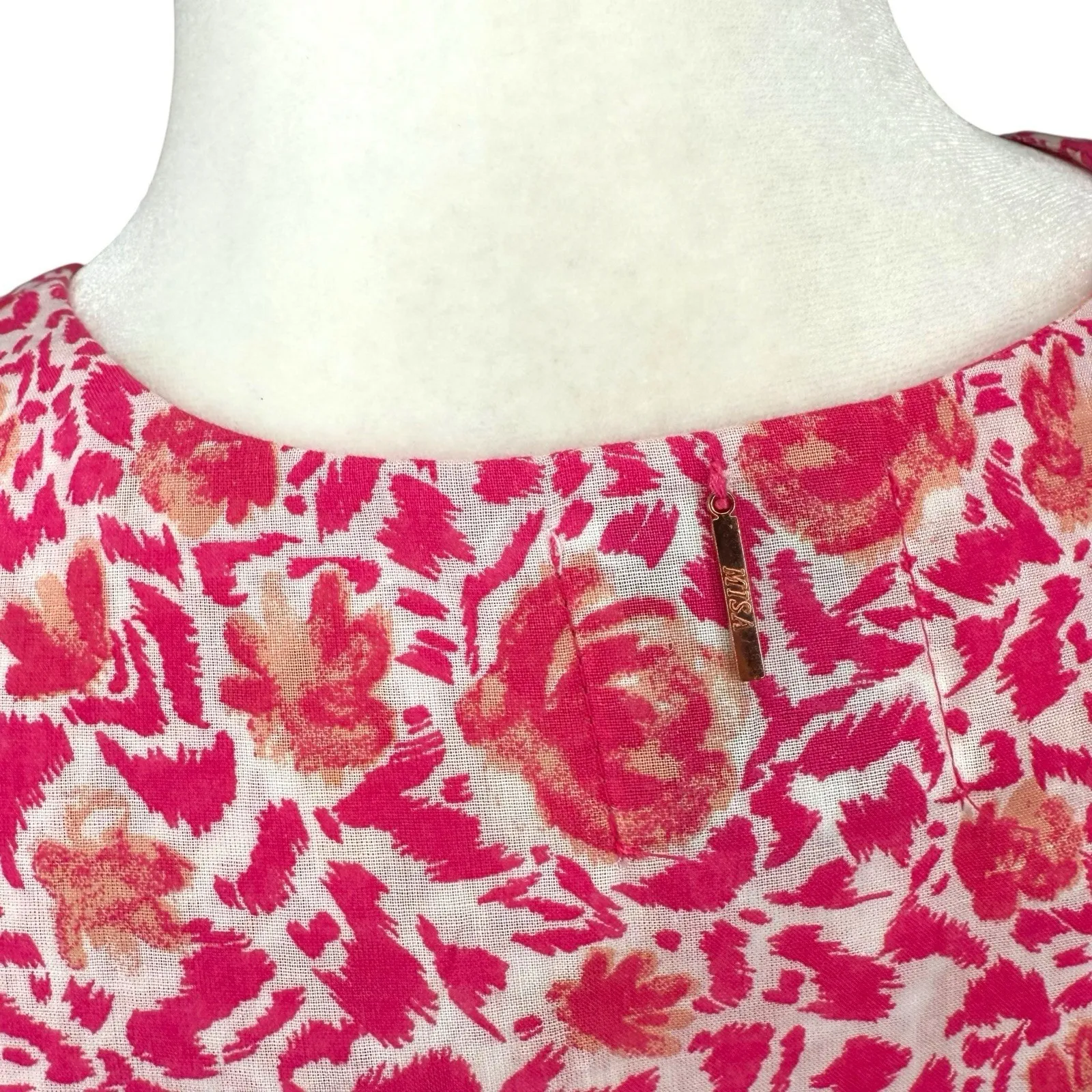 MISA Los Angeles Pink Floral Button Front Midi Dress Puff Sleeve L Made In USA‎ - Image 12