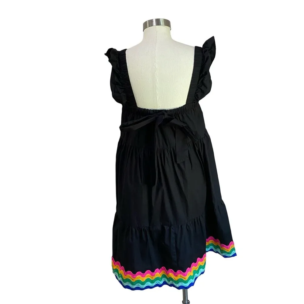 Crown & Ivy Tiered Swing Dress Black Rainbow Hem Bow Back Size XS - Image 2