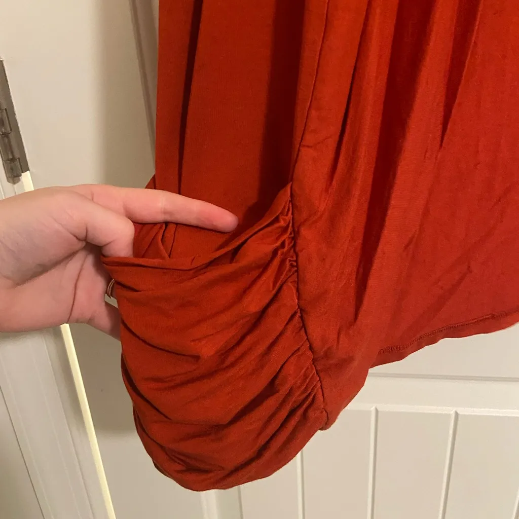 EUC CHAUS women’s rust orange thin stretchy drape pocket‎ open cardigan large Red - Image 3