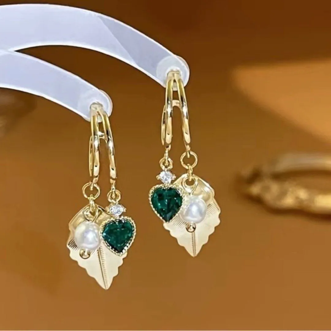 Zircon & Faux Green Pearl Leaf Drop Earrings – 18K Gold Plated NWT - Image 6