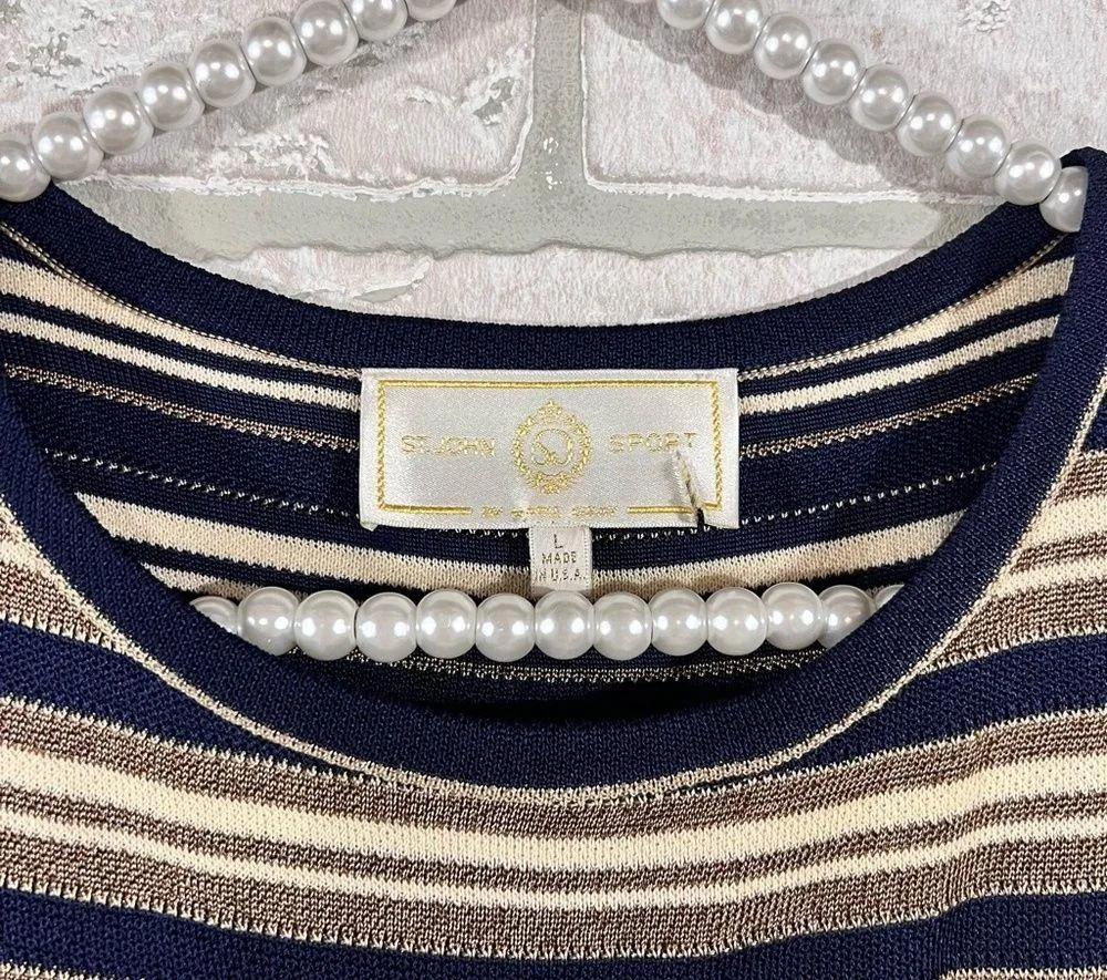 St John Sport Santana Knit Striped Sleeveless Top in Navy, Cream and Gold Size L - Image 5